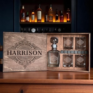 Gegraveerde karaf, custom whiskyset, monogram whisky, gepersonaliseerd cadeau, geschenkdoos voor hem, verjaardagscadeau mannen, cadeau voor vriend
