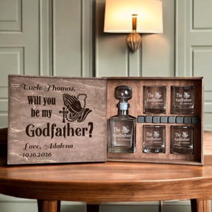 Custom Godfather Proposal Box, Whiskey Decanter Set, Be My Godfather, Etched Glass, Padrino Gift Set, Personalized Engraved Gift, Godparents