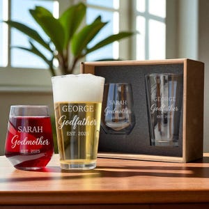 Godmother Godfather Proposal Gift personalized wine and beer glass set custom engraved box be my godparents gift for baptism couple