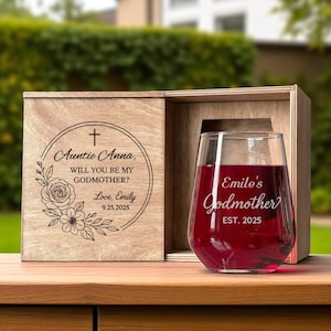 Godmother Wine Gift Box – Custom Engraved Glass with Proposal Message – Fairy Godmother Baptism Gift for Godparent from Baby