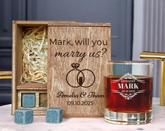 Be Our Officiant Gift – Wedding Officiant Proposal Box with a Personalized Whiskey Decanter Set, Custom Bourbon and Etched Glass