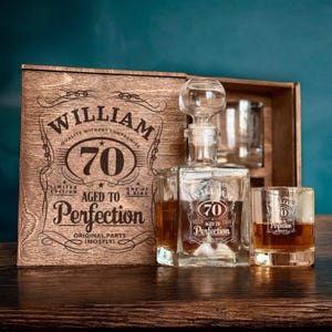70th Birthday Whiskey Gift Set, Custom Etched Bourbon Decanter, Personalized Gift Box, Cheers to 70 Years, 1955 Whiskey Glass, Whiskey Stone