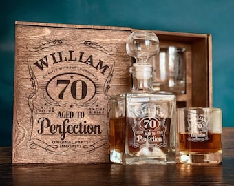 70th Birthday Whiskey Gift Set, Custom Etched Bourbon Decanter, Personalized Gift Box, Cheers to 70 Years, 1955 Whiskey Glass, Whiskey Stone