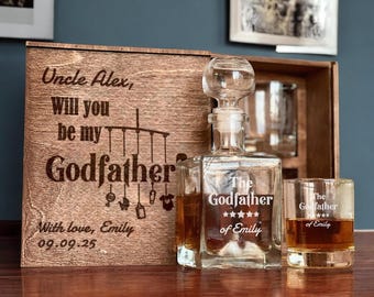 Sii il mio regalo di padrino - Set di decanter per whisky con bicchieri personalizzati e scatola incisa personalizzata, idea perfetta per la proposta di padrino o padrino