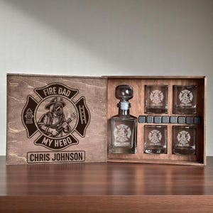 Firefighter Decanter, Whiskey Stones, Gift for Dad, Personalized Glasses, Custom Etched Glass, Fathers Day Gift, Fireman Whiskey Gift