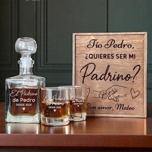 Regalo Padrino, Whiskey Decanter Set, Serás Mi Padrino, Etched Proposal Box, Personalized Glass, Padrino Regalo, Custom Etched Glass