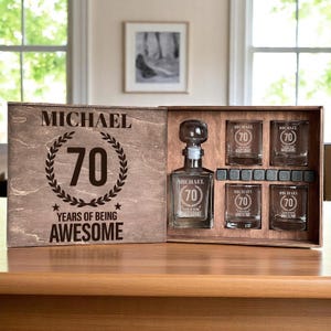 70th Gift for Him, Whiskey Decanter Set, Cheers to 70 Years, Custom Etched Glass, 70th Gift Box, Personalized Glasses, 1955 Whiskey Glass
