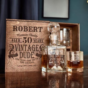 Cheers to 50 Years - Whiskey Decanter Set, 50th Birthday Gift for Him, Custom Etched Bourbon Glass, 1975 Whiskey Gift Box, Whiskey Stones