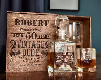 Cheers to 50 Years - Whiskey Decanter Set, 50th Birthday Gift for Him, Custom Etched Bourbon Glass, 1975 Whiskey Gift Box, Whiskey Stones