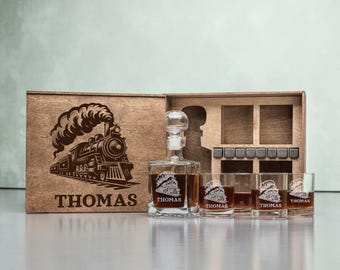 Train Birthday Whiskey Presents - Engraved Decanter with Glasses in the Solid Wood Box, Whiskey Stones Gift for Men