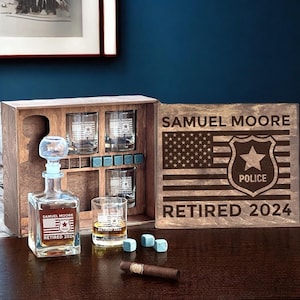 Personalized Police Retirement Whiskey Decanter Set: Etched Glass & Wooden Box