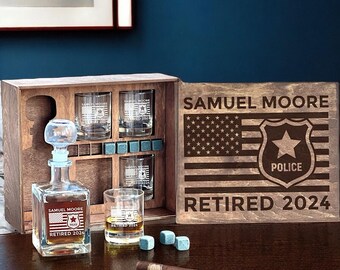 Personalized Police Retirement Whiskey Decanter Set: Etched Glass & Wooden Box
