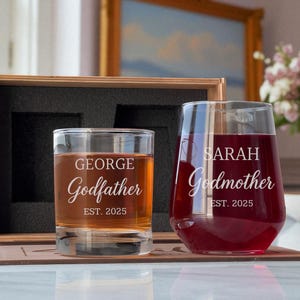 Godparents Proposal Gift Box with Wine and Whiskey Glasses custom engraved godfather godmother set be my godparents present