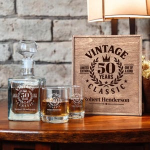 50th Birthday Gift, Whiskey Decanter Set, 50th Gift for Him, Custom Etched Glass, 1975 Whiskey Glass, Personalized Glasses, Gift Box