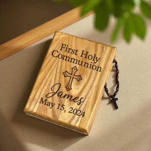 Personalized First Communion Gift for Godson or Goddaughter Engraved Wooden Rosary Box Catholic Christian Keepsake with Cross