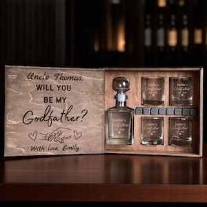 Be My Godfather Box, Padrino Proposal, Godfather Gift, Engraved Decanter, Whiskey Decanter Set, Etched Godfather Box, Personalized Glass
