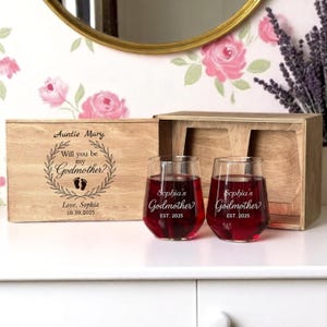 Godmother Proposal Gift Box – Custom Wine Glass with Engraving – Will You Be My Godmother Stemless Wine Gift, Personalized Wine Glass