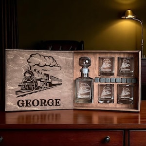 Vintage Train Gift, Custom Train Gift, Personalized Gift, Train Themed Gift, Train Decanter Set, Engraved Whiskey, Gift for Engineer