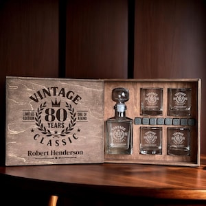 80th Birthday Set, Gift for 80 Year Old, Whiskey Decanter, Personalized Glasses, 1945 Whiskey Glass, Cheers to 80 Years, Custom Etched Glass