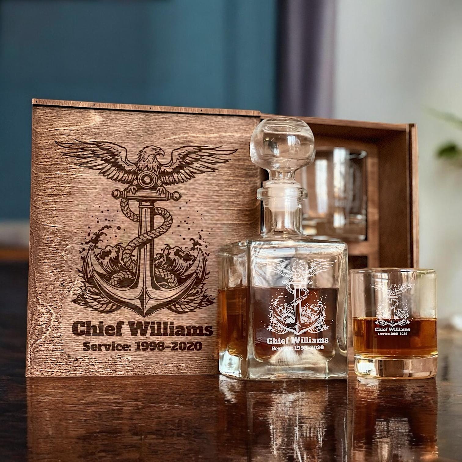 Navy Whiskey Decanter Set – Personalized Bourbon Decanter and Etched Glasses, Perfect Gift for Navy Retirees, Veterans, and Military Heroes