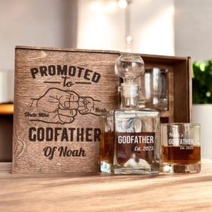 Godfather Box - Custom Whiskey Decanter Set, Personalized Glass, Whiskey Stones, Proposal Asking, Etched Whiskey Glass, Godfather Gift