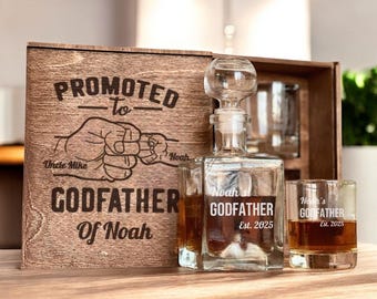 Godfather Box - Set di decanter per whisky personalizzati, bicchieri personalizzati, pietre per whisky, richiesta di proposta, bicchiere per whisky inciso, regalo per il padrino