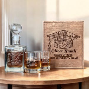 Carte du campus personnalisée, cadeau de remise des diplômes, ensemble de carafes à whisky, verre personnalisé, cadeau pour les diplômés, cadeaux de maîtrise, carte de l'université