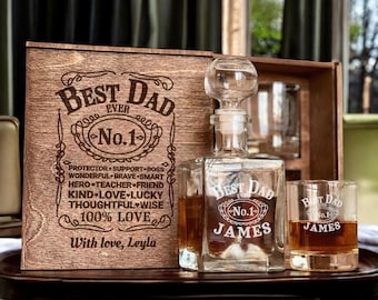 Father&#39;s Day Present, Custom Etched Whiskey Glass, Whiskey Decanter Set, Personalized Glass, Father&#39;s Day Gift Box for Husband, Dad Gift Sat