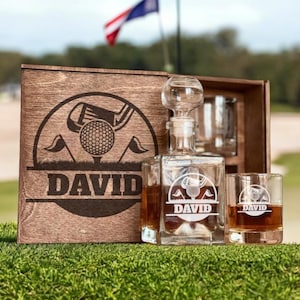 Personalized Golf Decanter Set – Custom Whiskey Glasses and Etched Bourbon Decanter, Whiskey Stones, Great Gift for Golfers, Best Man