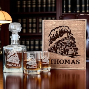 Train Decanter Set, Vintage Train Gift, Personalized Gift, Railfan Gift Idea, Custom Train Gift, Gift for Engineer, Engraved Whiskey