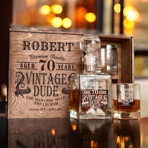 70th Birthday Whiskey Gift - Cheers to 70 Years, Custom Etched Glass, 1955 Whiskey Glass, Personalized Gift Box, Bourbon Decanter Set