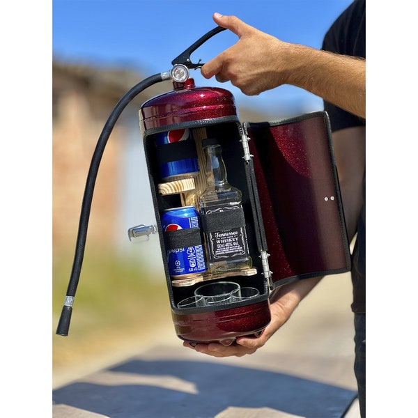 MiniBar for Firefighters: Handmade Fire Extinguisher - Personalized, Fits 1 Bottle, 2 Soda Cans, and More for Customized Father's day Gifts