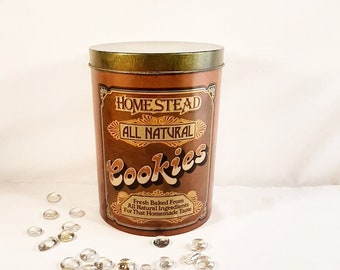 Homestead  All Natural Cookie Tin. Vintage cookie tin from the 1970's. Mid Century kitchen decor. Vintage kitchen storage, Collectible tin!