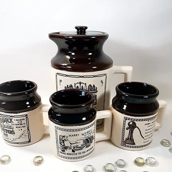 Canadian Abenakis Advertising Pottery Coffee pot and three Mugs. Vintage advertising ware coffee set. Collectible Canadiana art pottery!