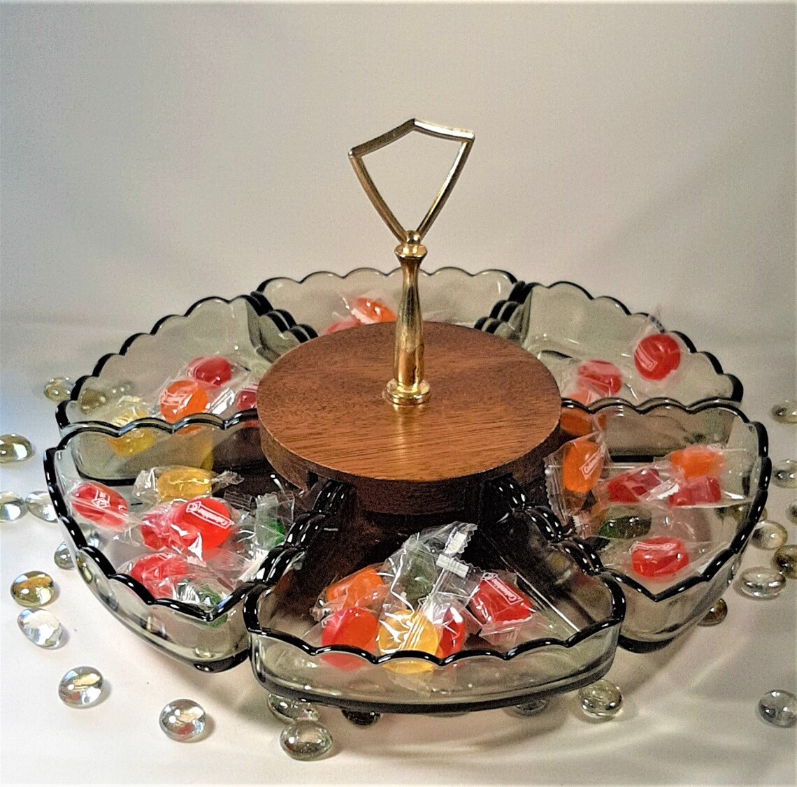 Vintage Lazy Susan Condiment Serving Dish. Wood and Glass Etsy