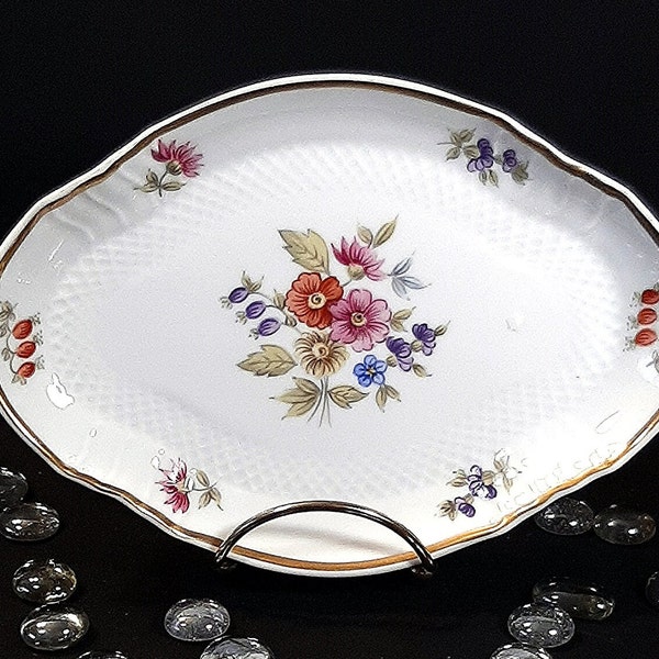 White floral China Trinket Dish. Vintage china dresser dish. Vintage collectible china serving plate. Hand painted for Hollohaza Hungary!