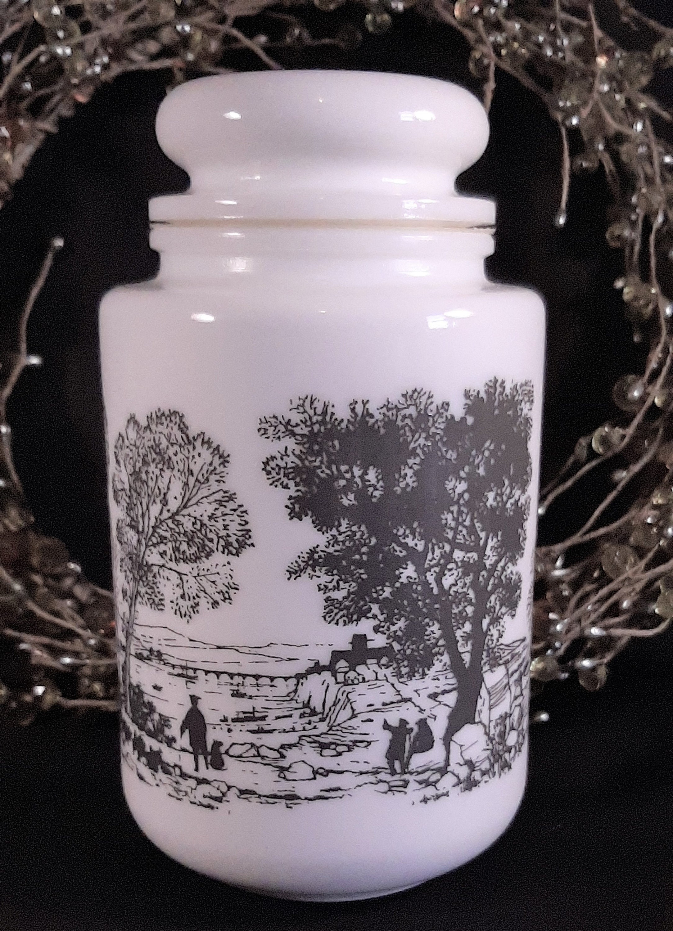 Vintage Milk Glass Jar. River scene white and grey Jar with Etsy