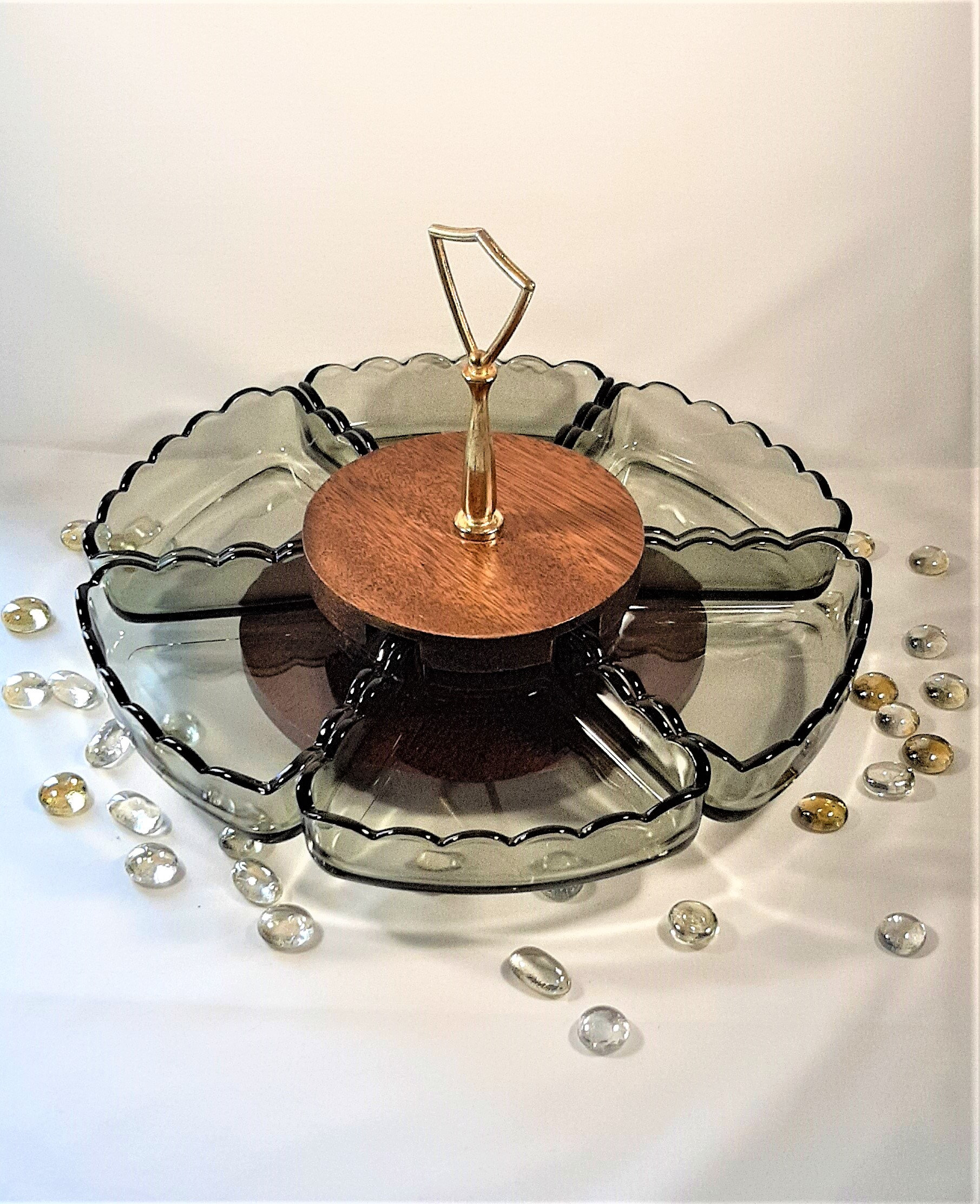 Vintage Lazy Susan condiment Serving Dish. Wood and glass Etsy