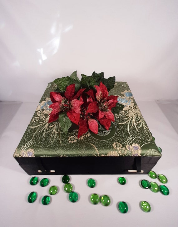 Fine Asian Silk Jewelry Box. Vintage green and red