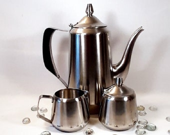 Stainless Steel Teapot, Cream and sugar bowl. Vintage stainless Coffee set from Japan. Collectible Oneida Coffee Pot creamer and sugar bowl!