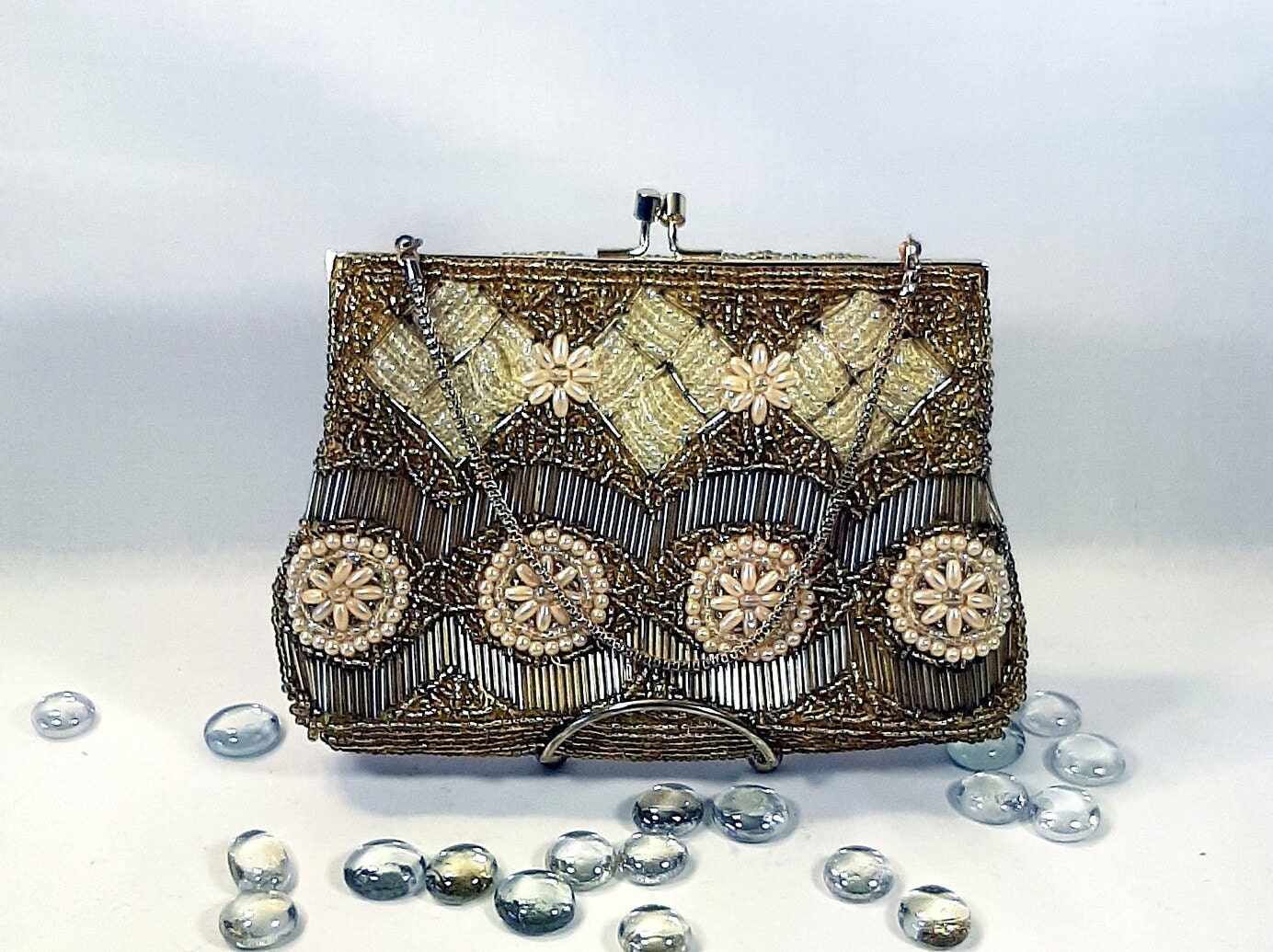Gold and Ivory Beaded Purse. Vintage Beaded Clutch Purse. -  UK