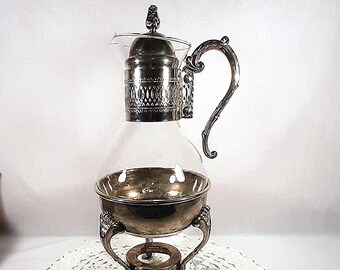 Silver Plate and Glass Coffee Carafe and Stand. Vintage elegant tableware from Zellers. Glass and Silver plate coffee carafe for shabby chic