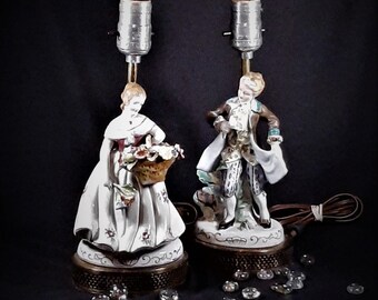 Vintage! Porcelain Figural Bedroom Lamps. Brass base Lady and Man Figurine Lamps. Collectible Victorian style side table lamps.Vintage decor