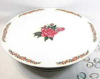 Musical Rotating Cake Plate. Vintage Birthday cake plate, music box and rotating top. Collectible retro metal cake plate with rose decals!