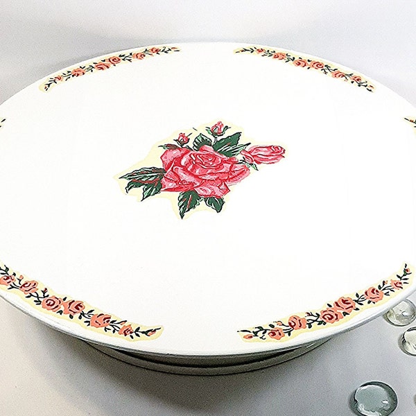 Musical Rotating Cake Plate. Vintage Birthday cake plate, music box and rotating top. Collectible retro metal cake plate with rose decals!