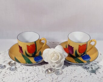 Tulip Design Demi Tasse Cups and Saucer set Set of 2 vintage china demitasse cups with floral pattern. Perfect collectible vintage tableware