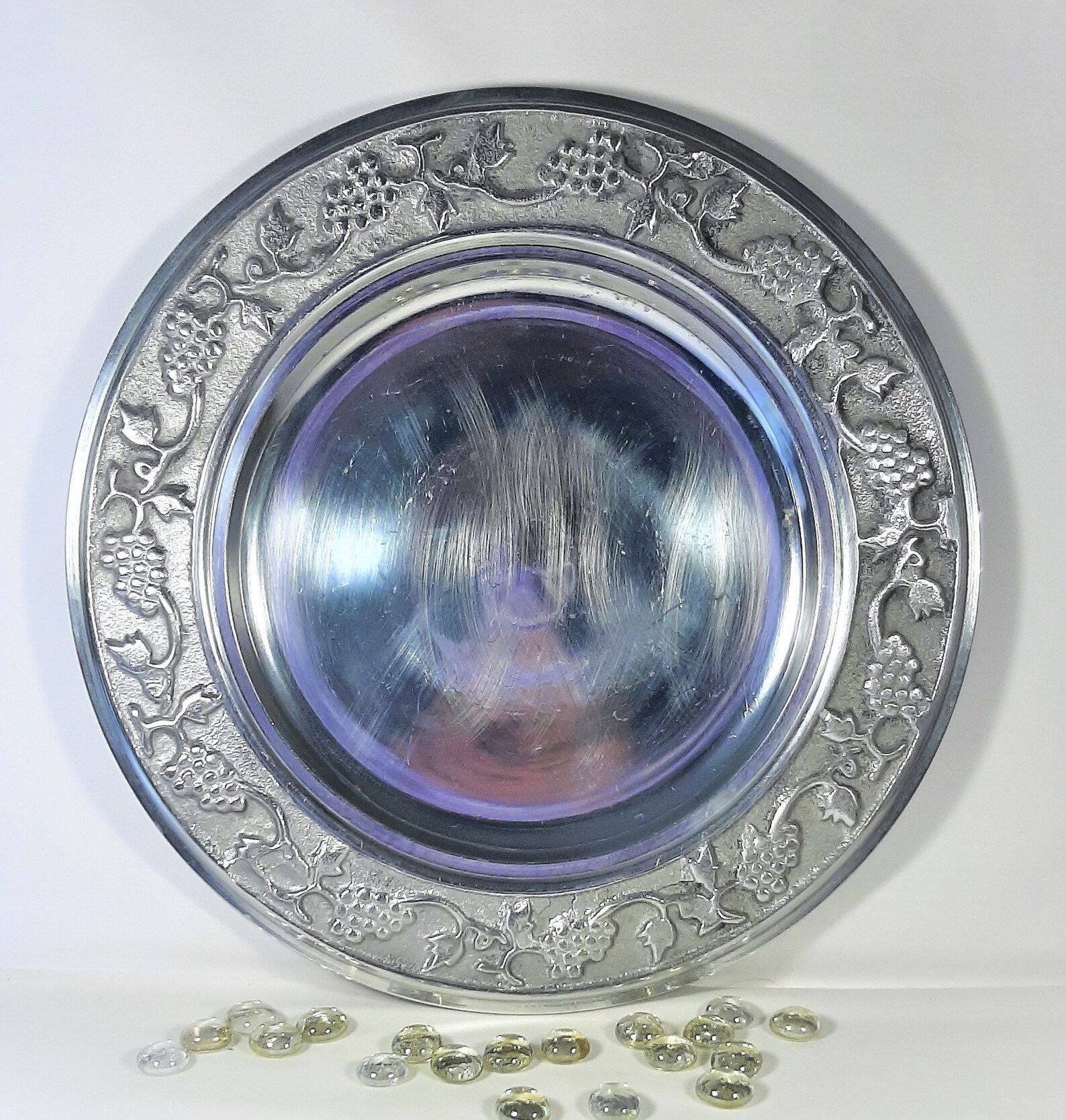 Polished Pewter Plate With Grape Design Around the Rim. This Etsy