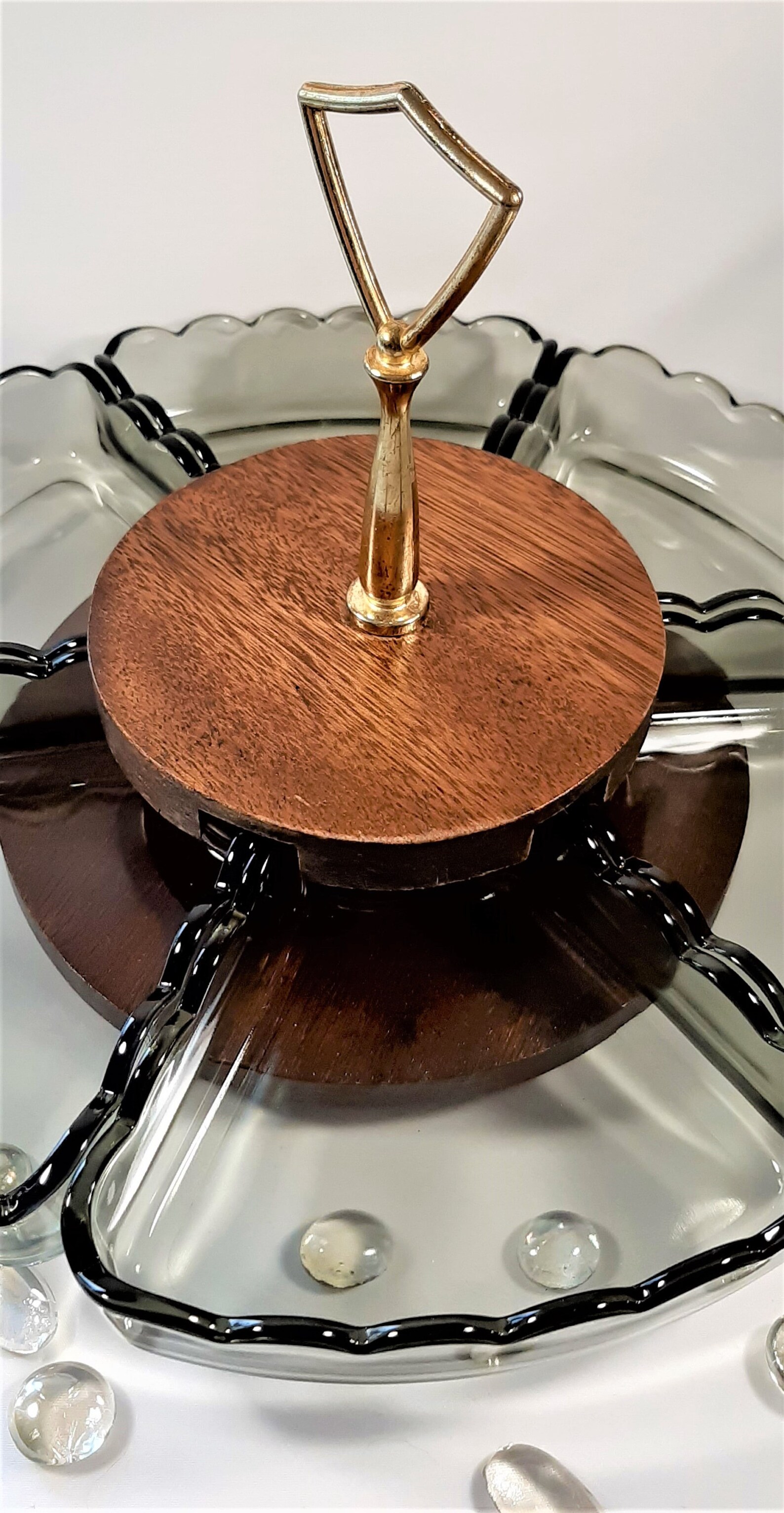 Vintage Lazy Susan Condiment Serving Dish. Wood and Glass Etsy