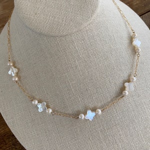 Genuine QUATREFOIL Mother of Pearl and Cultured Pearl 14K Gold Link Necklace