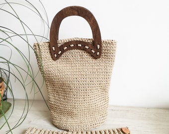 Women handbag with wooden handles, Shoulder bag crochet with macramé, One-of-a-kind fashion bag